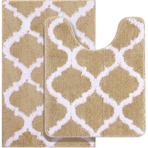Buganda Microfiber Bathroom Rugs Set 2 Piece,U-Shaped Toilet Rug, Machine Wash Dry, Non-Slip Absorbent Shaggy Bath Mats for Tub, Shower and Bathroom (24"x16"+24"x20", Beige)