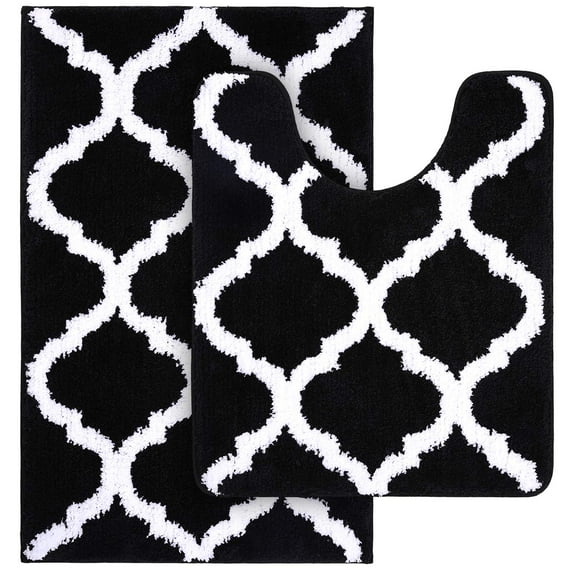 Buganda Microfiber Bathroom Rugs Set 2 Piece,U-Shaped Toilet Rug, Machine Wash Dry, Non-Slip Absorbent Shaggy Bath Mats for Tub, Shower and Bathroom (30"x20"+24"x20", Black)