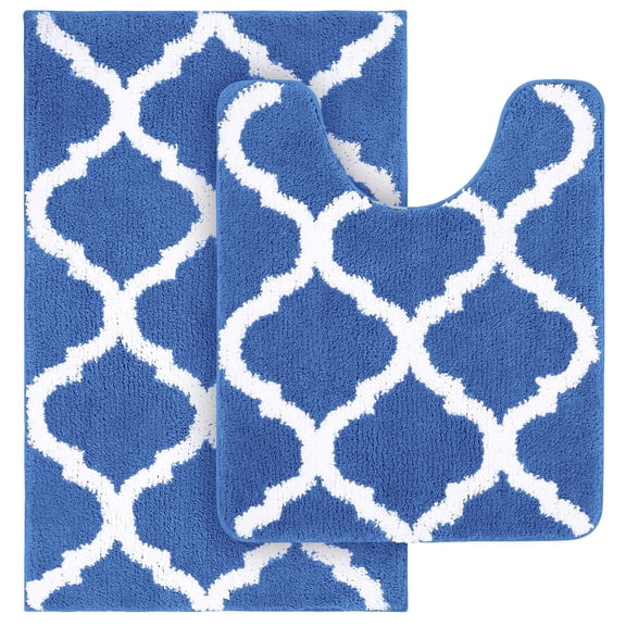 Buganda Microfiber Bathroom Rugs Set 2 Piece,U-Shaped Toilet Rug, Machine Wash Dry, Non-Slip Absorbent Shaggy Bath Mats for Tub, Shower and Bathroom (30"x20"+24"x20", Blue)