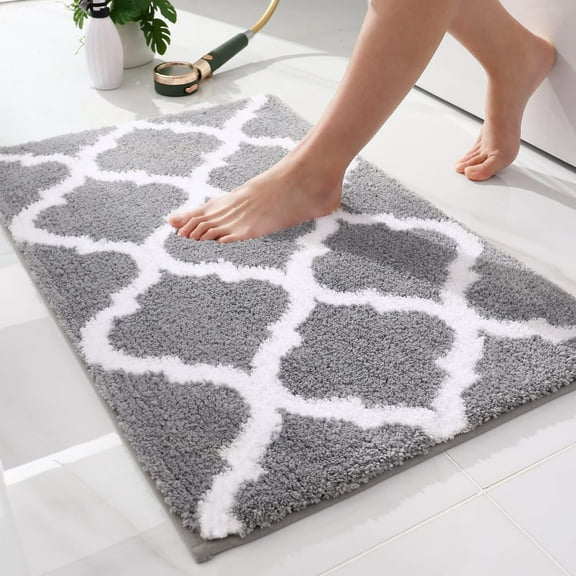 Buganda Microfiber Bathroom Rugs and Mats, Extra Soft and Absorbent Shaggy Bath Mats, Non-Slip Moroccan Trellis Bath Carpets, 16" x 24", Grey