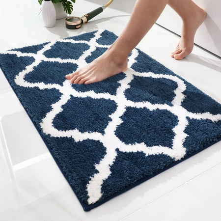 Buganda Microfiber Bathroom Rugs and Mats, Extra Soft and Absorbent Shaggy Bath Mats, Non-Slip Moroccan Trellis Bath Carpets, 16" x 24", Navy Blue