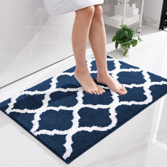 Buganda Microfiber Bathroom Rugs and Mats, Extra Soft and Absorbent Shaggy Bath Mats, Non-Slip Moroccan Trellis Bath Carpets, 24" x 36", Navy Blue