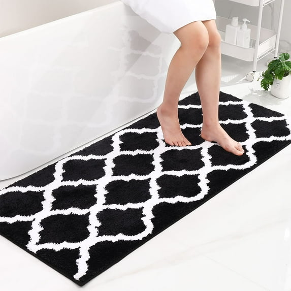 Buganda Microfiber Bathroom Rugs and Mats, Extra Soft and Absorbent Shaggy Bath Mats, Non-Slip Moroccan Trellis Bath Carpets, 24" x 47", Black