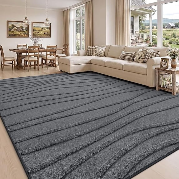Buganda Modern Area Rug, Soft Non-Slip Rug for Living Room Bedroom, Machine Washable, 8'x10', Dark Grey