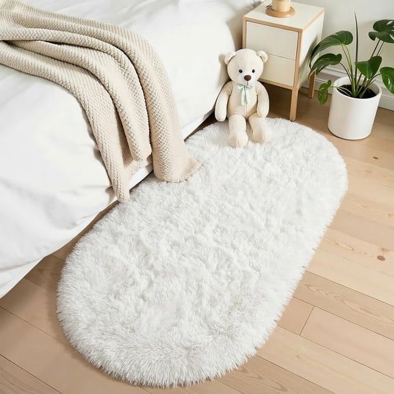 Buganda Oval Area Rug, 2.6x5.3 ft Ivory, Machine Washable Area Rugs, Soft Fluffy Rug for Kids Bedroom, Nursery and Home Decor