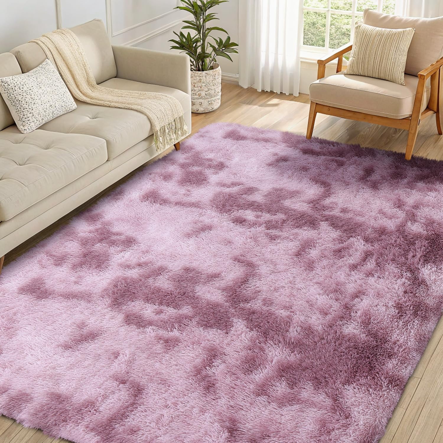 Buganda Soft Shag Area Rug, Washable Non-Slip Rug for Living Room Bedroom, Modern Decor Carpet, 5'X8', Dusty Pink