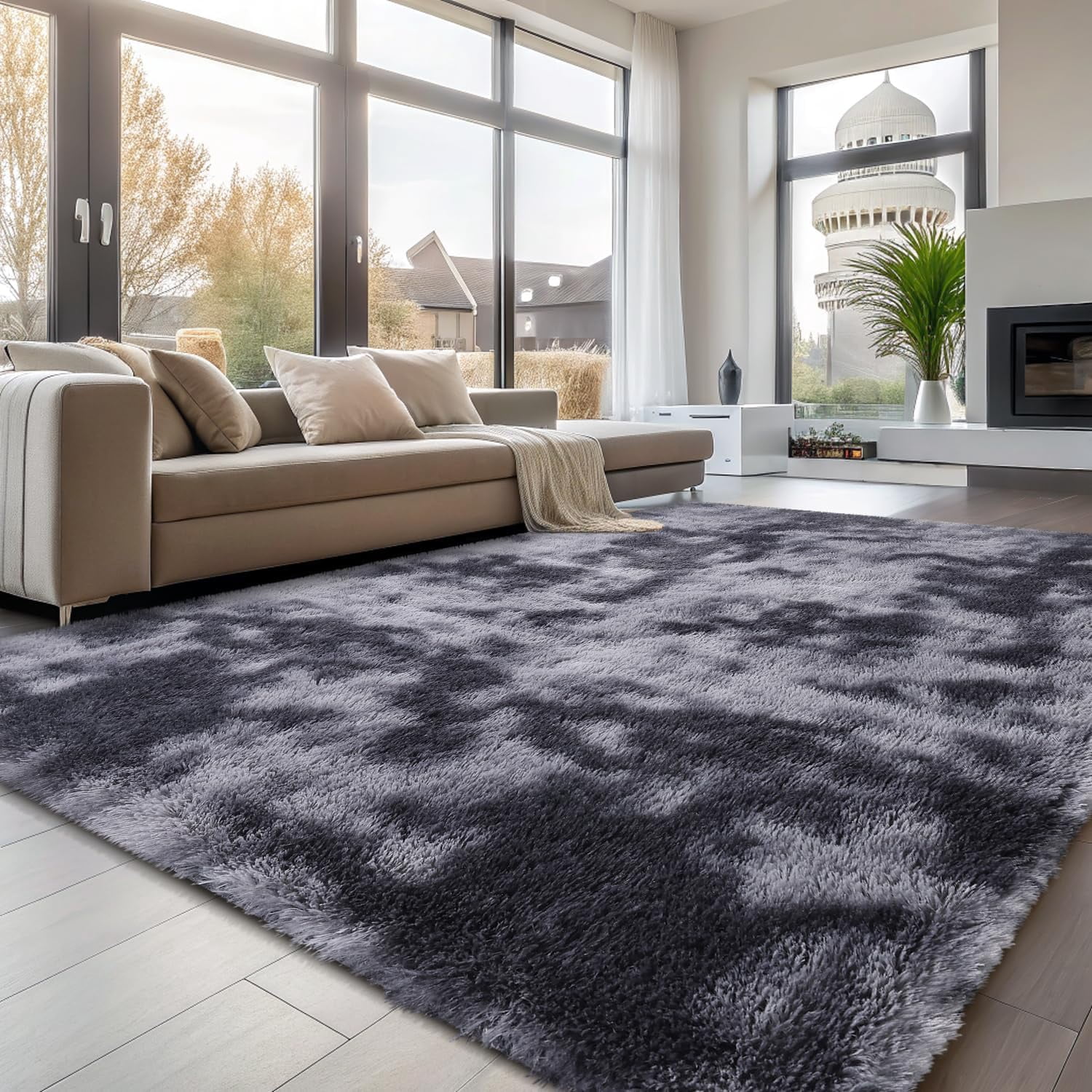 Buganda Soft Shag Area Rug, Washable Non-Slip Rug for Living Room Bedroom, Modern Decor Carpet, 8'X10', Light Grey