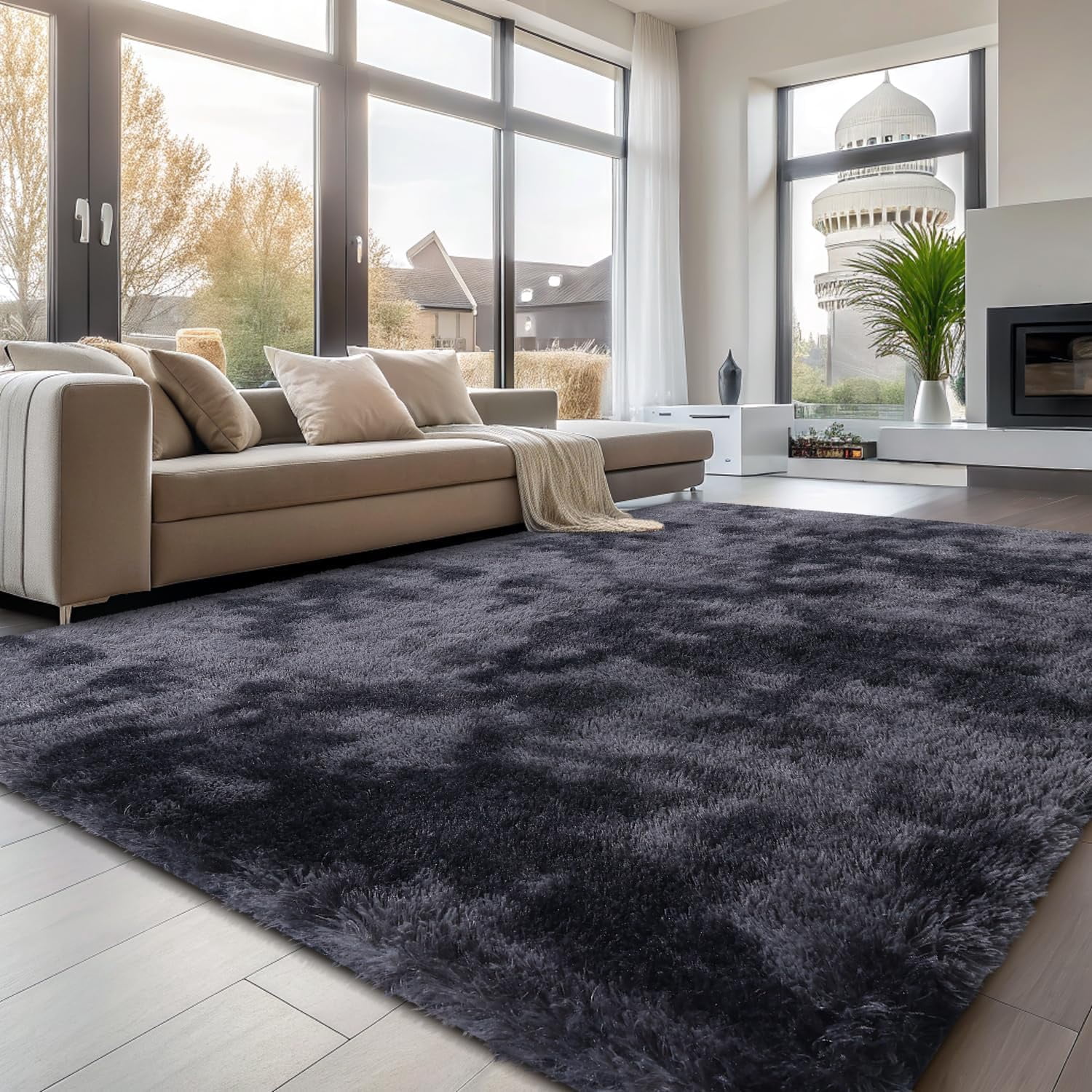 Buganda Soft Shag Area Rug, Washable Non-Slip Rug for Living Room Bedroom, Modern Decor Carpet, 9'X12', Dark Grey