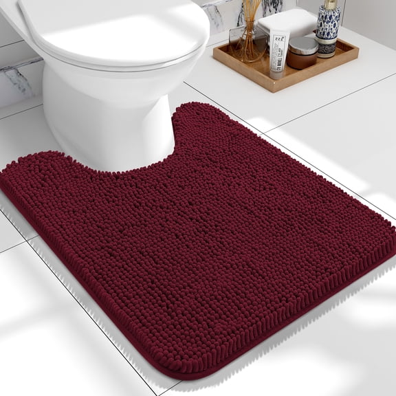 Buganda Toilet Rugs U-Shaped 24x20, Quick Dry Machine Washable Chenille Bath Mats with Rubber Backing, Burgundy
