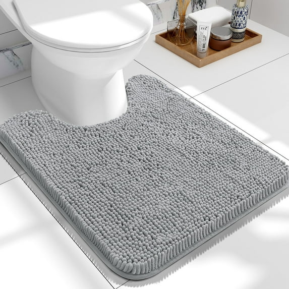 Buganda Toilet Rugs U-Shaped 24x20, Quick Dry Machine Washable Chenille Bath Mats with Rubber Backing, Light Grey