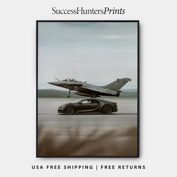 Bugatti Chiron Vs Fighter Jet Wall Art – Luxury Car Poster, Supercar Poster, Jet Fighter Decor, Car And Jet Dream Big Home Decor, 12x18 UNFRAMED