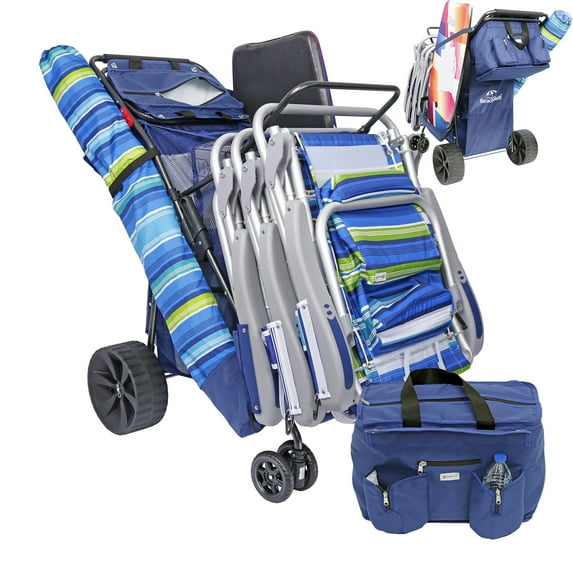 Buggy Beach Cart with Big Wheels for Sand, Wide Wheel Wagon with Insulated Cooler Bag, Body Board and Umbrella Holder