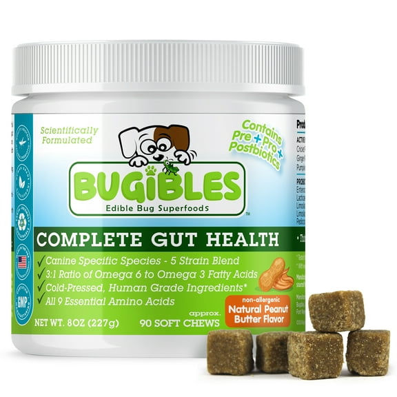 Bugibles: Complete Gut Health - 90 Digestive Aid Soft Chews For Dogs, Probiotics W/ Sustainable Cricket Powder, Prebiotic & Postbiotics, USA Made