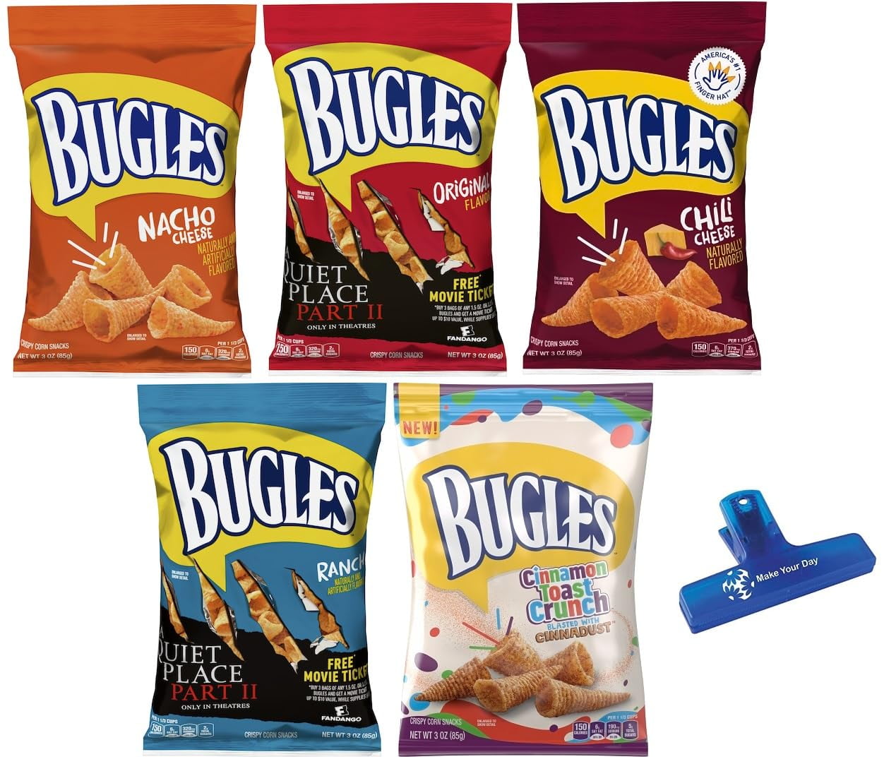 Bugles Crispy Corn Snacks AIF4 Variety, Nacho Cheese, Original, Chili