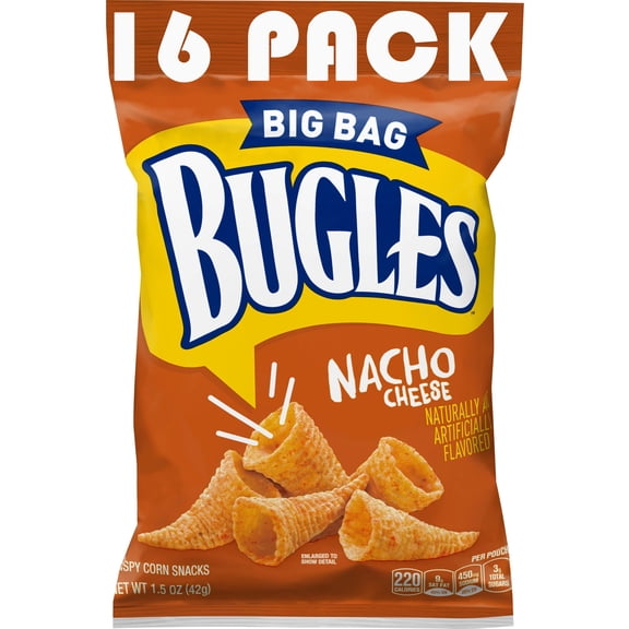 Bugles Nacho Cheese Crispy Corn Snacks 1.5 oz Bags, Pack of 16, Crunchy Corn Snack, Lunchbox & Party Snacks, Bundled by SUPERDEALS + Mystery Gift