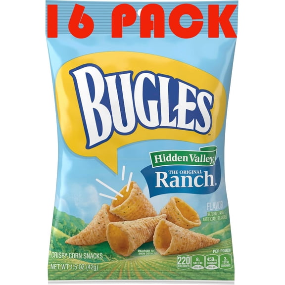 Bugles Ranch Crispy Corn Snacks 1.5 oz Bags, Pack of 16, Crunchy Corn Snack, Lunchbox & Party Snacks, Bundled by SUPERDEALS + Mystery Gift