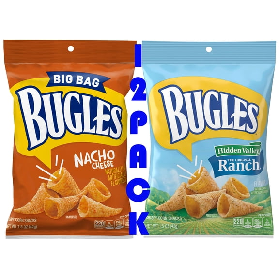 Bugles Variety Pack Crispy Corn Snacks, Ranch & Nacho Cheese, 1.5 oz Bags (Pack of 12  6 of Each Flavor), Crunchy Corn Snacks, Bundled by SUPERDEALS + Mystery Gift 