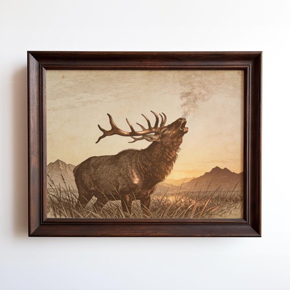 Bugling Elk At Sunset Art Vintage Wildlife Engraving Wall Art Lodge Cabin Decor, Unframed Paper Print
