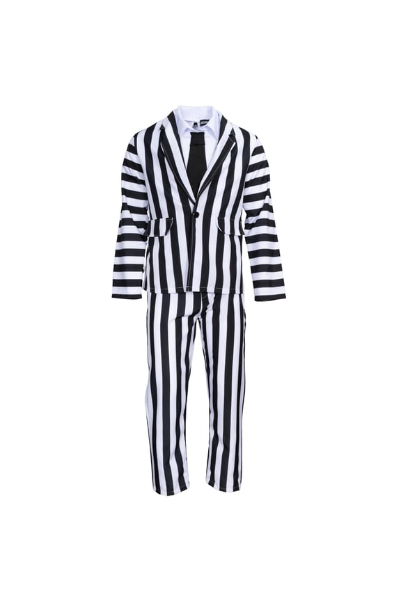 Bugman 80’s Beetle Adult Premium Halloween Costume Cosplay - Black and White Striped Suit, 3 Piece Set for Men