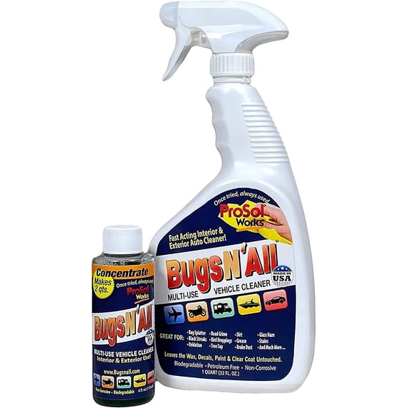 Bugs N’ All Multipurpose Car Cleaner & Degreaser - Bug Tar Remover Concentrate 4 oz Exterior Safe for Paint, Metal, Chrome, Aluminum, indos Mirrors /Free 32 Spray Bottle
