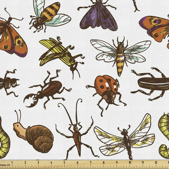 Ambesonne Bugs Fabric by the Yard Upholstery, Grasshopper Ladybug Butterfly, 2 Yards, Multicolor