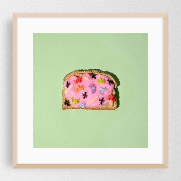 Bugs toast - Photography Humor Surrealism Insect Breakfast Whimsical Pop Art Kitchen Decor Oak Framed Wall Art Print 8 x 8 inches