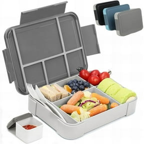 Bugucat Bento Box 45OZ, Leak-Proof Lunch Box with 6 Compartments Cutlery, Lunch Containers for Adult Food Storage Container with Leak-proof Silicone Ring Suitable for Microwave Dishwasher Grey