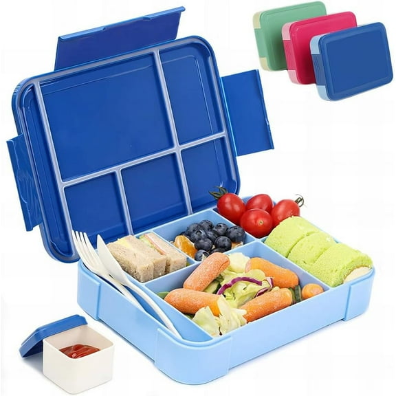 Bugucat Bento Box 45OZ, Leak-Proof Lunch Box with 6 Compartments Cutlery, Lunch Containers for Adult Food Storage Container with Leak-proof Silicone Ring Suitable for Microwave Dishwasher Blue