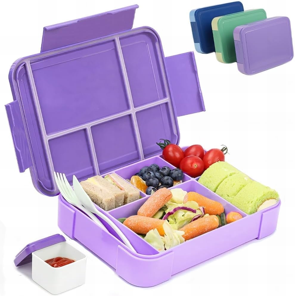 Bugucat Lunch Box Bimbo 2 Pezzi Con Scomparti – 1330 Ml, Antigoccia, 6 Scomparti, Con Posate E Salse, Blu E Verde - 3