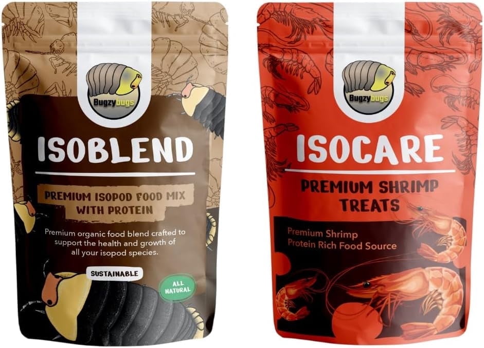 Bugzy Bugs Isoblend Premium Isopod Food Bundle Protein Vegetable Dry Blend and Shrimp Treat Rich Food Source for Feeders Insects Reptiles Invertebrates