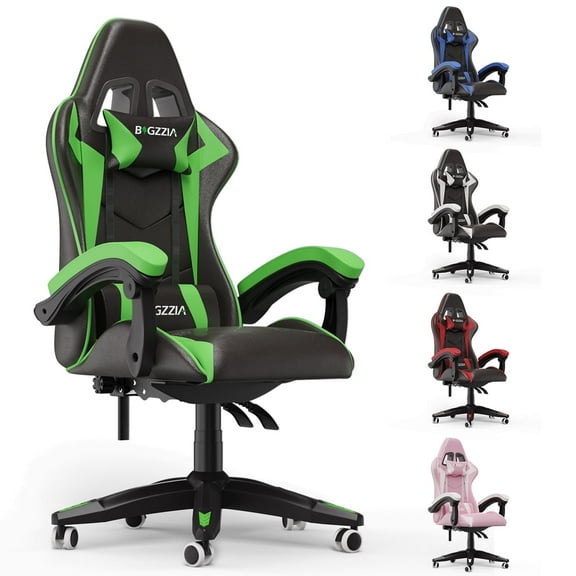 Bigzzia Gaming Chair PU Leather Adjustable Headrest & Lumbar Support, Green