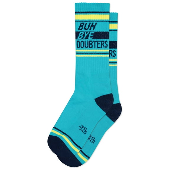 Buh Bye Doubters, Novelty Gift Socks For Men, Women and Teens, Funny Cool Gym Crew Socks ( Made in the USA )