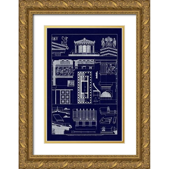 Buhlmann, J. 13x18 Gold Ornate Wood Framed with Double Matting Museum Art Print Titled - Temples and Roofings (Blueprint)
