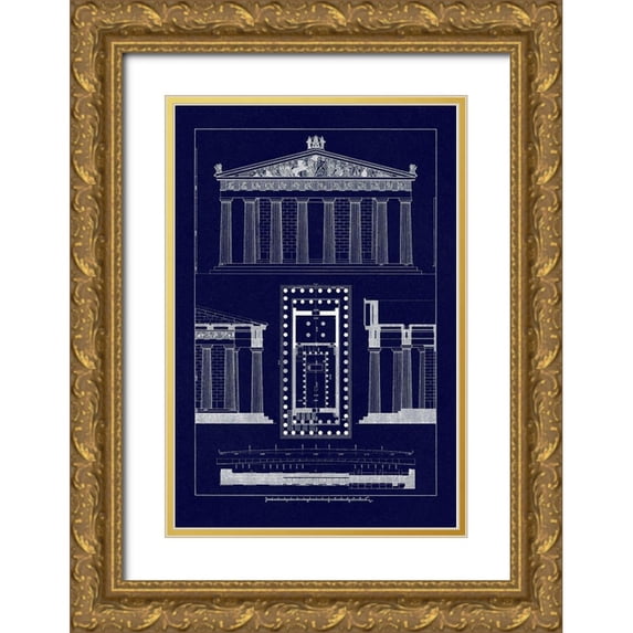 Buhlmann, J. 23x32 Gold Ornate Wood Framed with Double Matting Museum Art Print Titled - The Parthenon at Athens, Polychrome (Blueprint)