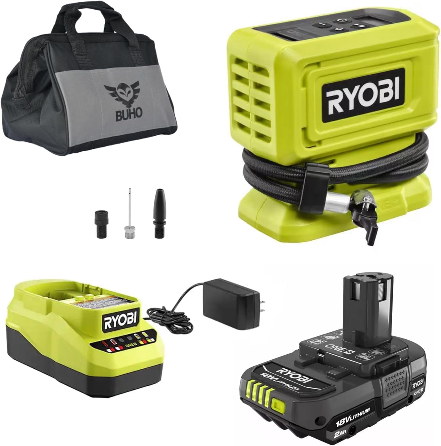 Buho Cordless Inflator Accessory Bundle - Ryobi 18 Volt High Pressure Inflator 2.0 Ah Battery 18V Charger Tool Bag for Tires and Inflatables