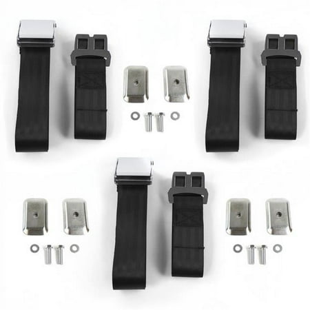 Buick Roadmaster 1949-1953 Airplane 2 Point Black Lap Bench Seat Belt Kit with Bracketry - 3 Belts
