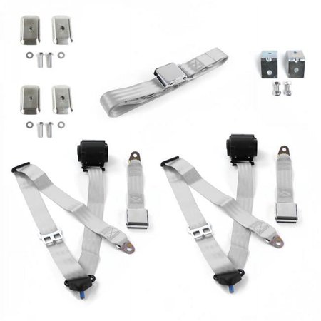 Buick Roadmaster 1954-1956 Airplane 3 Point Gray & Grey Retractable Bench Seat Belt Kit with Bracketry - 3 Belts