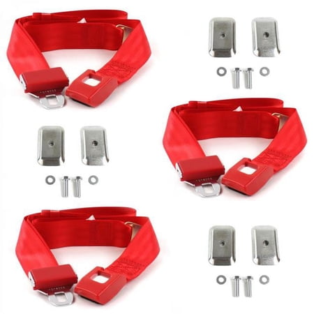 Buick Roadmaster 1954-1956 Standard 2 Point Red Lap Bench Seat Belt Kit with Bracketry - 3 Belts
