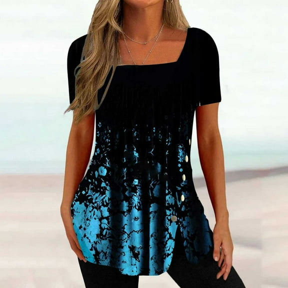 Buigttklop Womens Tops, Womens Casual Printed Square Neck Short Sleeve Buttons Tops Loose Blouses