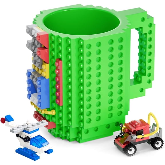 Build on Brick Mug, Funny Cool Coffee Mugs for Kids Men Him Dad Boys and Girls, Building Block Cups, Novelty Gifts for Christmas Xmas Easters Birthdays Halloween - Green