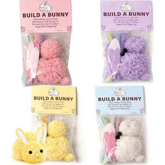 Build a Bunny Easter Craft Kit, Build Your Own Bunny DIY Decoration, DIY Bunny Craft Pack with Pom Poms, Felt Ears & Pipe Cleaners, Easter Basket Stuffer, Individually Packaged (4Pcs)Q