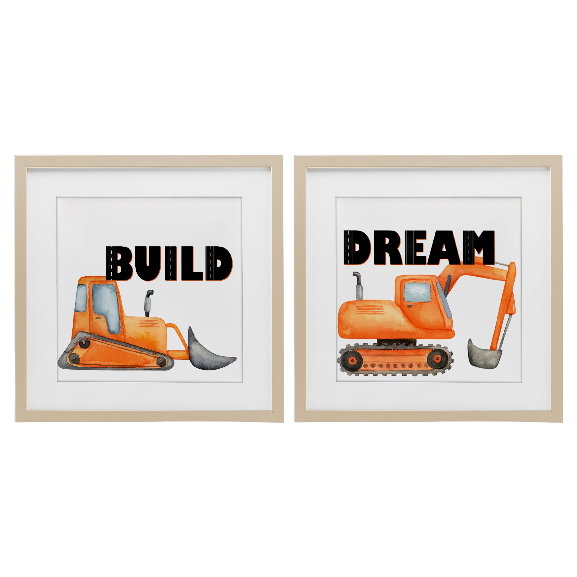 Build & Dream Construction Vehicles 2 Piece Birch Framed Print Under Glass Set, design by Kim Allen