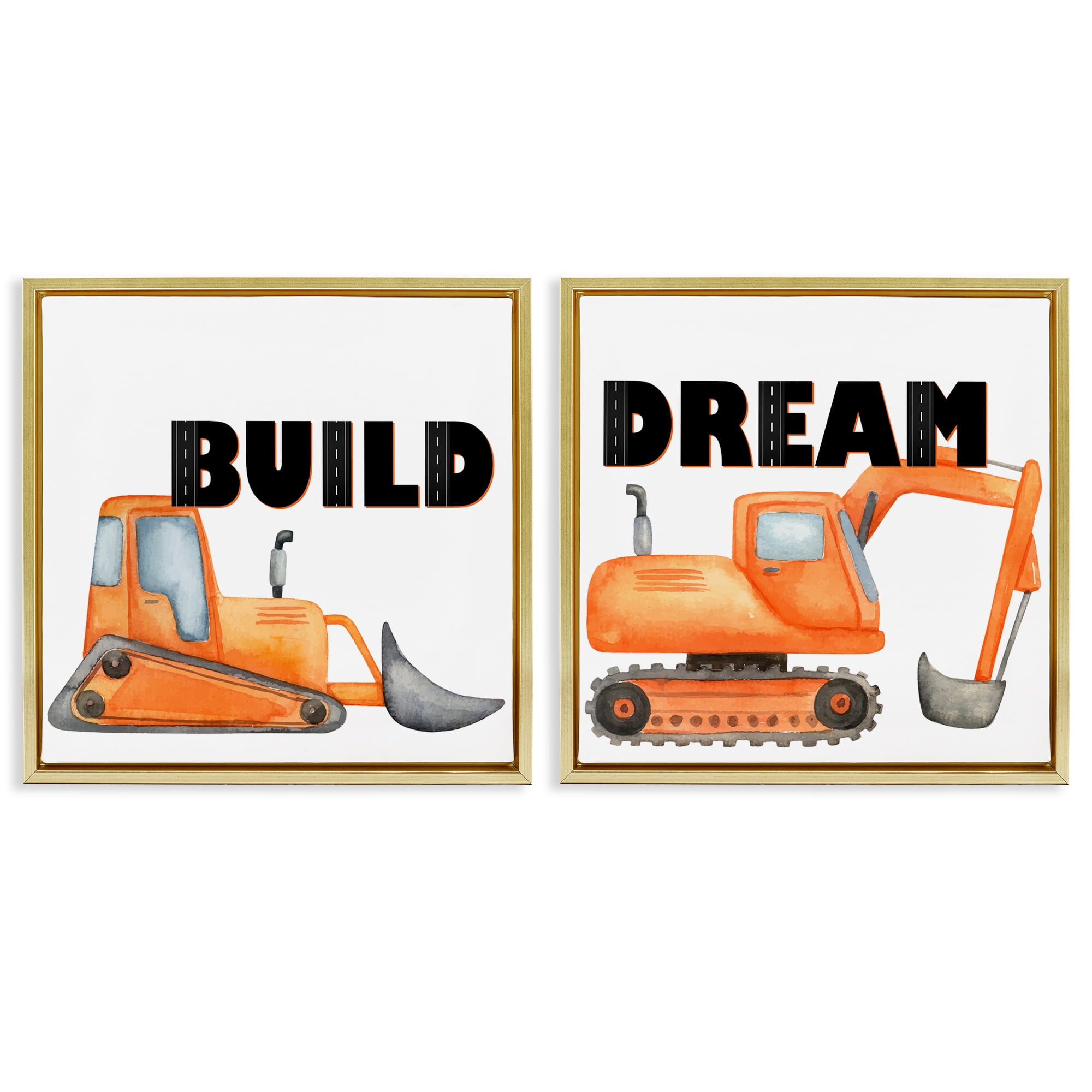 Build & Dream Construction Vehicles 2 Piece Gold Framed Floater Canvas Set, design by Kim Allen