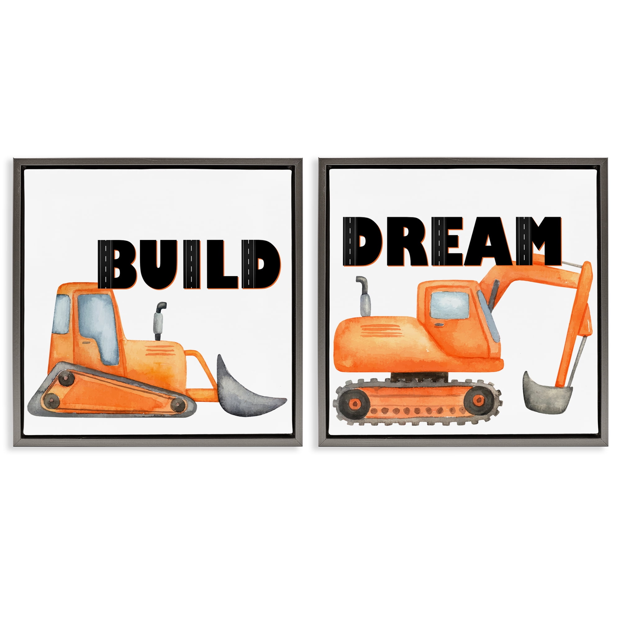 Build & Dream Construction Vehicles 2 Piece Gray Framed Floater Canvas Set, design by Kim Allen