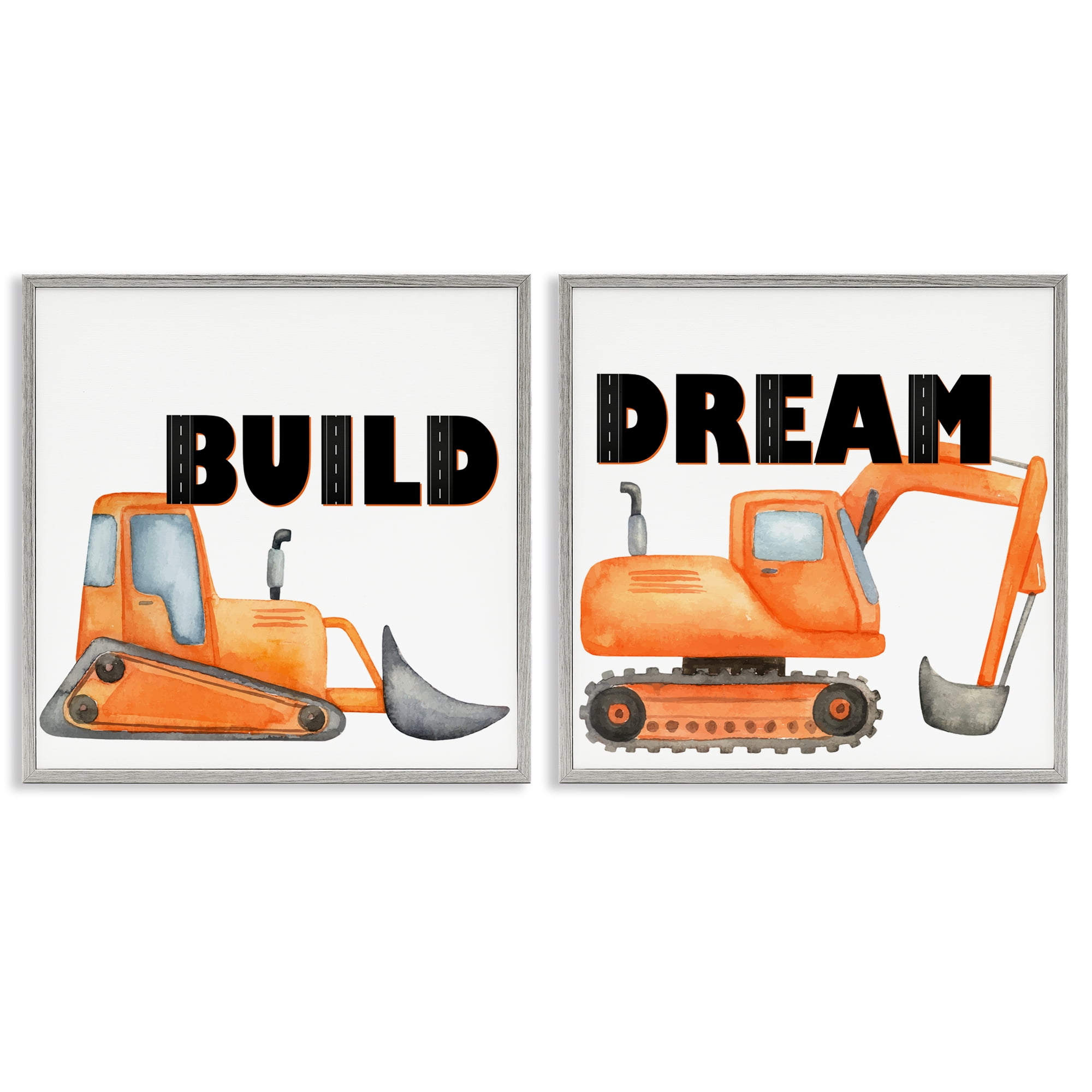 Build & Dream Construction Vehicles 2 Piece Gray Framed Giclee Art Set, design by Kim Allen