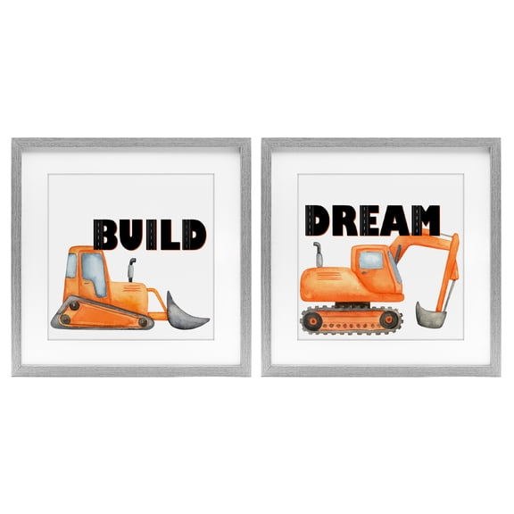 Build & Dream Construction Vehicles 2 Piece Gray Framed Print Under Glass Set, design by Kim Allen