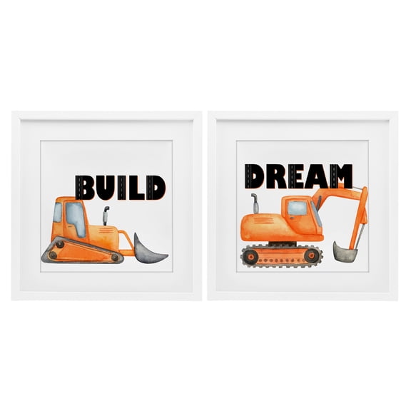 Build & Dream Construction Vehicles 2 Piece White Framed Print Under Glass Set, design by Kim Allen