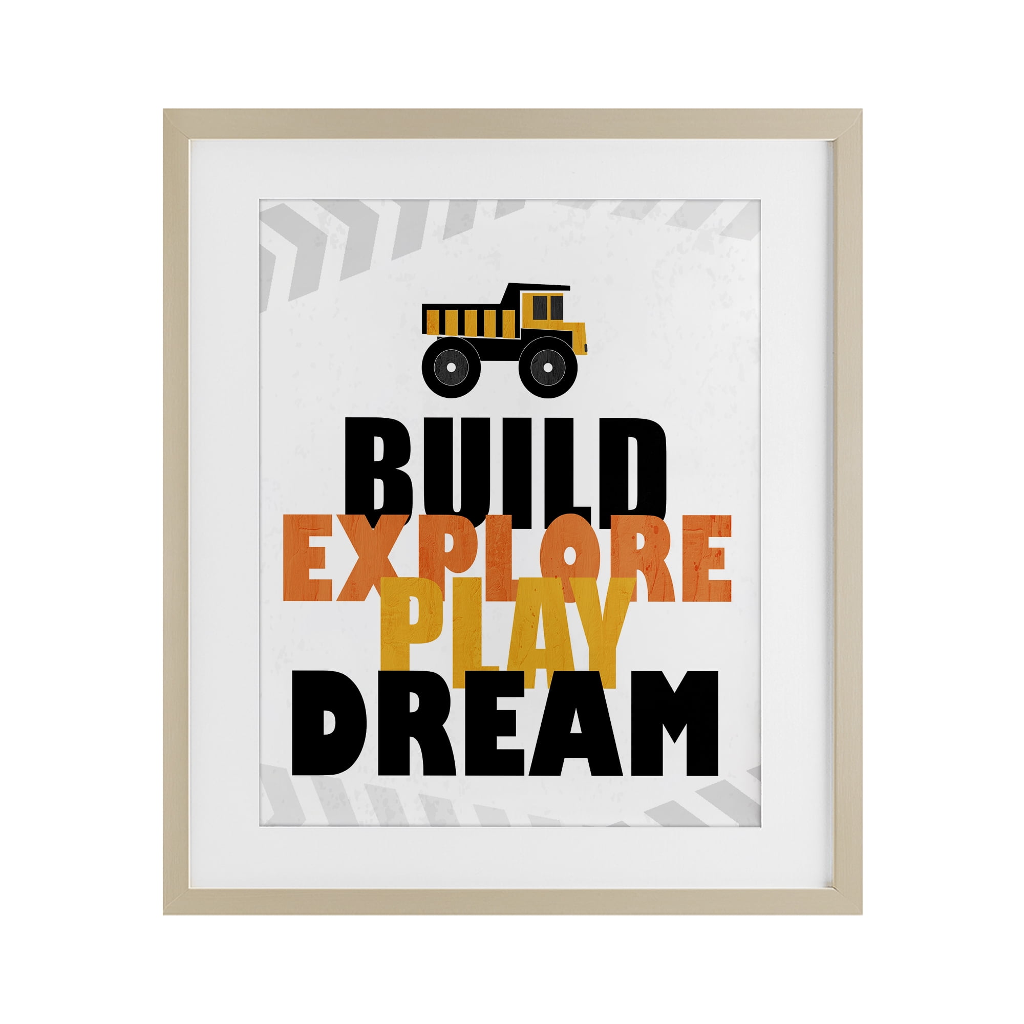 Build Explore Play Dream Birch Framed Print Under Glass, design by Kim Allen