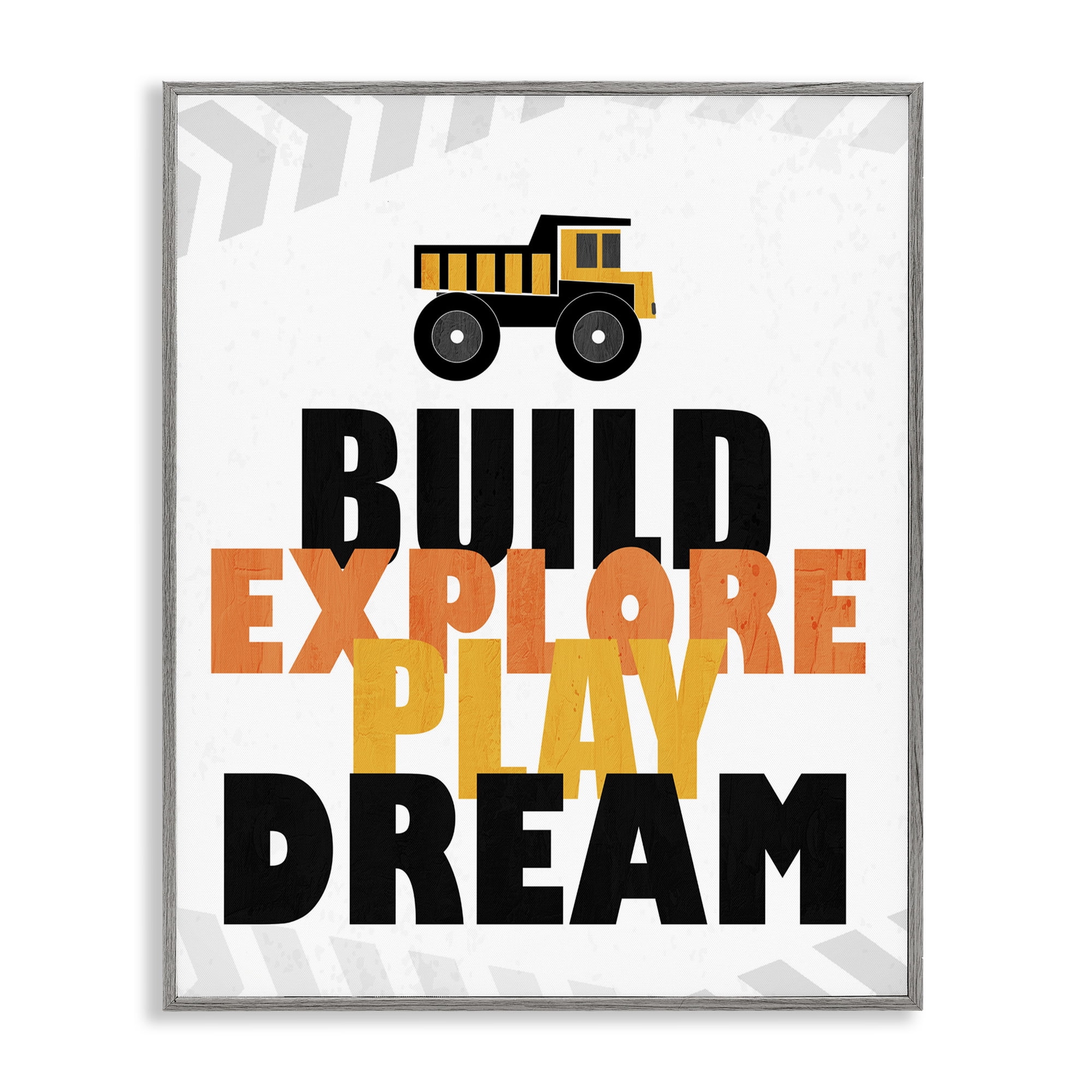 Build Explore Play Dream Gray Framed Giclee Art, design by Kim Allen