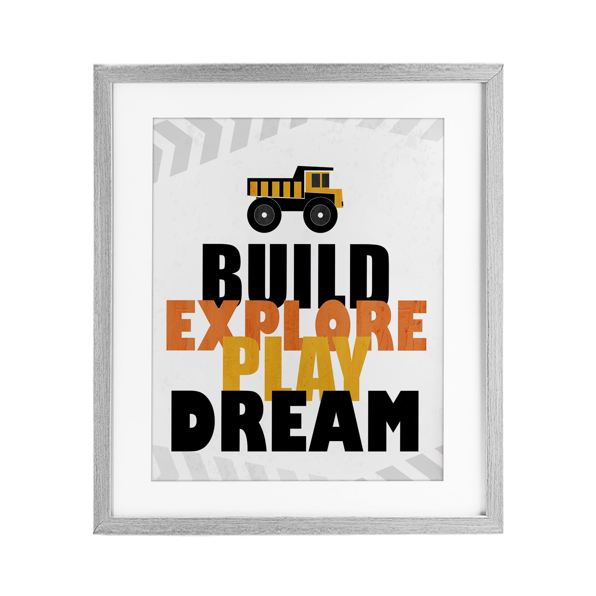 Build Explore Play Dream Gray Framed Print Under Glass, design by Kim Allen